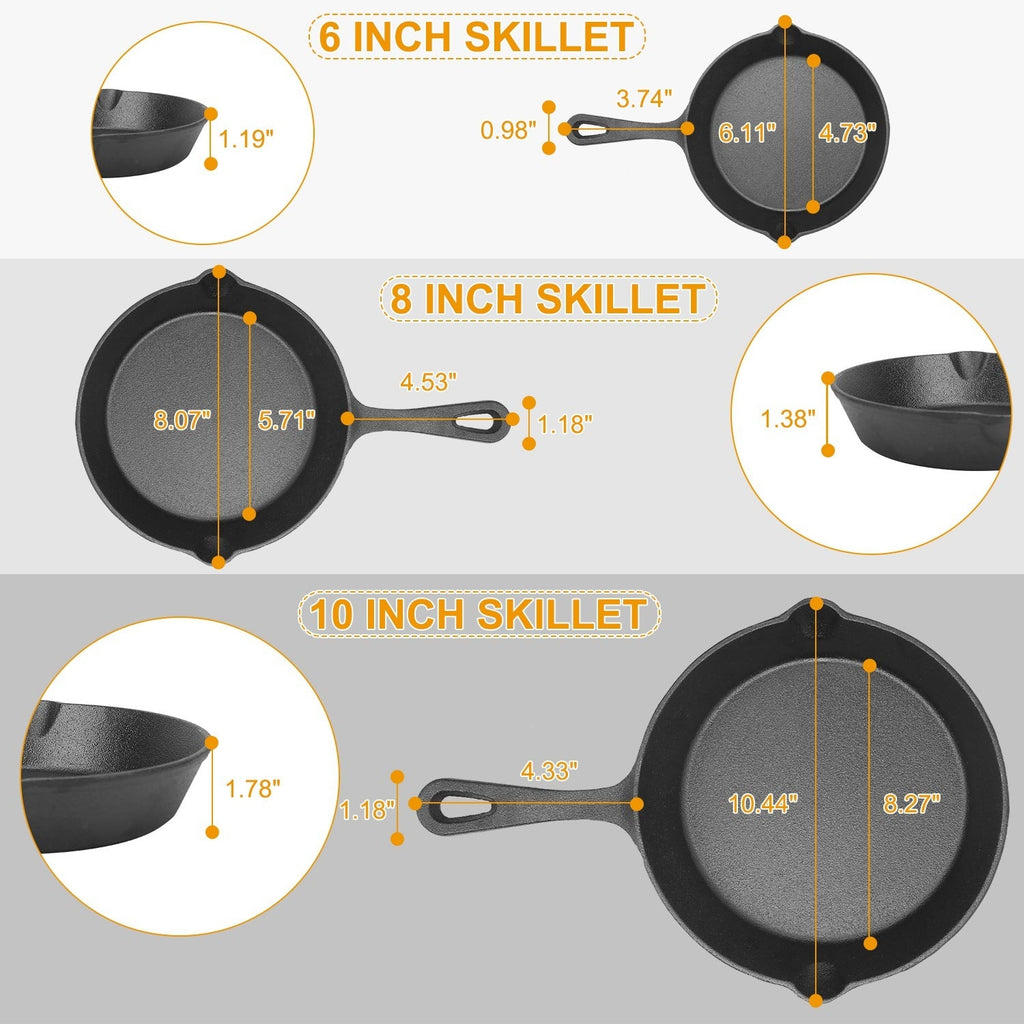 Cast Iron Skillet Set (6", 8" & 10")