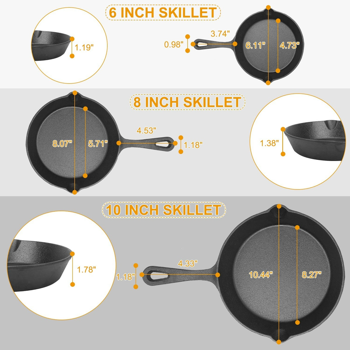 Cast Iron Skillet Set (6", 8" & 10")
